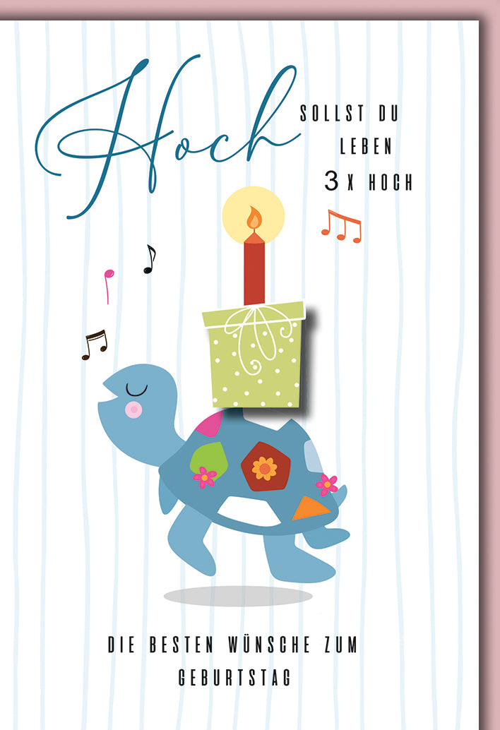 Geburtstagskarte Tier-Comic: Singende Schildkröte mit Kerze und "Hoch sollst du leben"