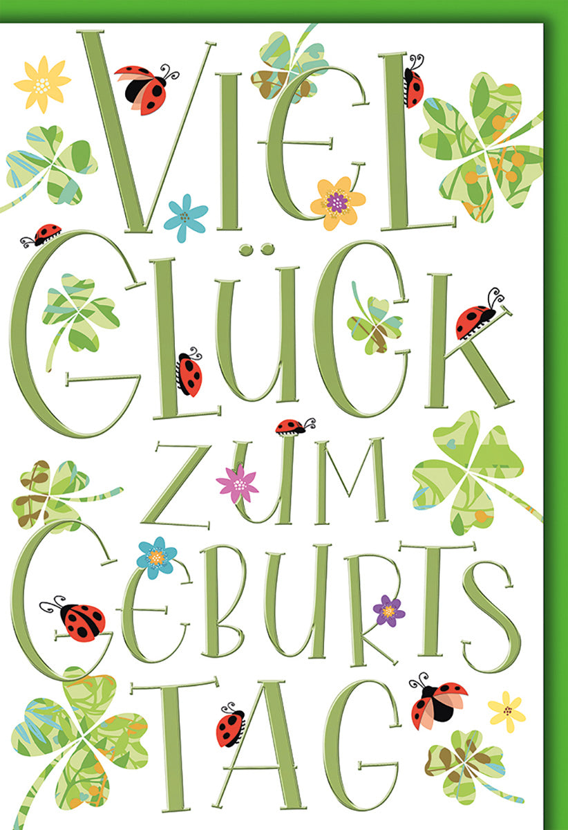 Geburtstagskarte: Verspieltes Kleeblatt-Design mit Marienkäfern und Blumen in fröhlichen Grüntönen