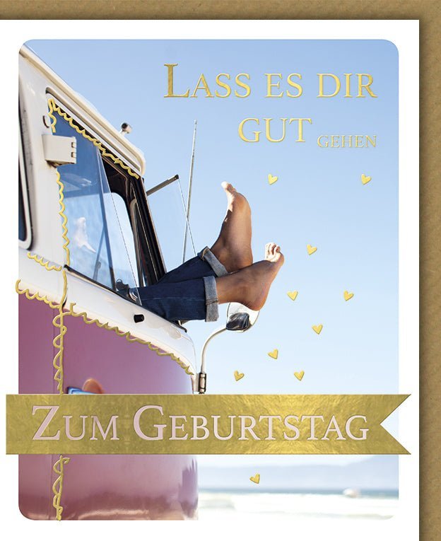 Geburtstagskarte: Entspannung pur am Strand – Vintage Bulli & Meer-Feeling mit Folienprägung für besondere Glücksmomente