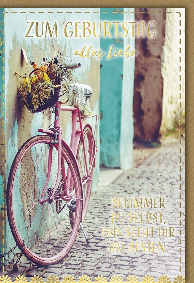 Geburtstagskarte Vintage Fahrrad Blumen – Retro Glückwünsche mit Folienprägung und persönlicher Botschaft