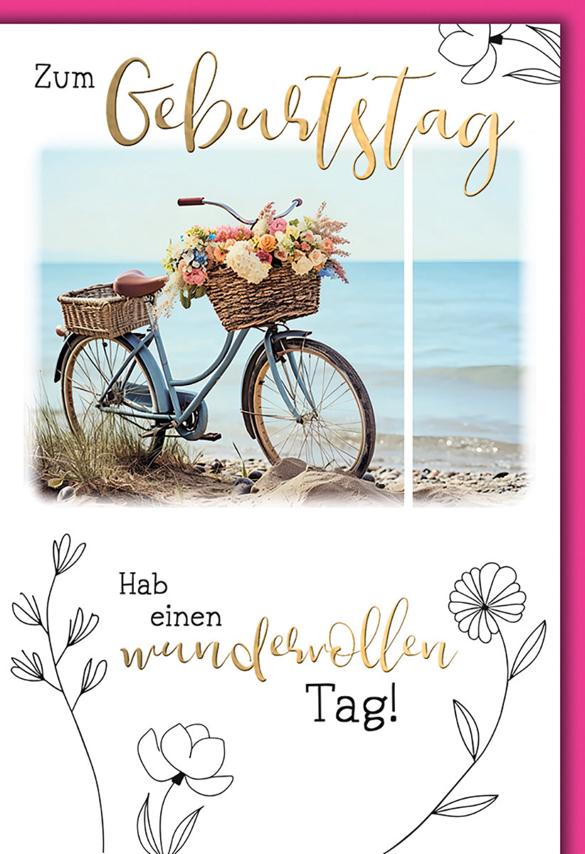 Geburtstagskarte Vintage Fahrrad mit Blumenkorb am Strand – Pastellfarben für Naturliebhaber