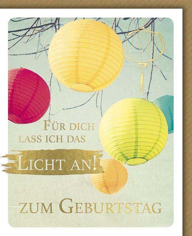 Geburtstagskarte "Licht An": Vintage Lampions, farbenfroh, elegant & Folienprägung – Mit passendem Kuvert