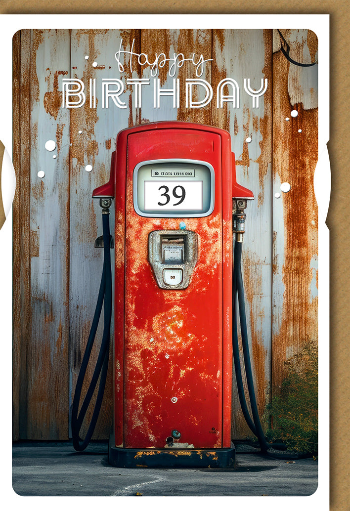 Geburtstagskarte  Zahlengeburtstag Drehrad: Nostalgische rote Zapfsäule und Retro-Charme