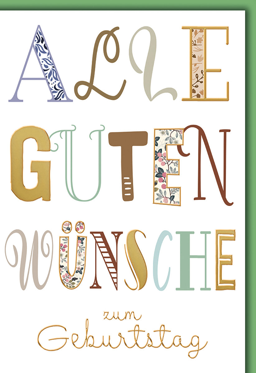 Geburtstagskarte Vintage-Stil: Bunte Buchstaben mit floralen Mustern auf weißem Hintergrund für jeden Anlass