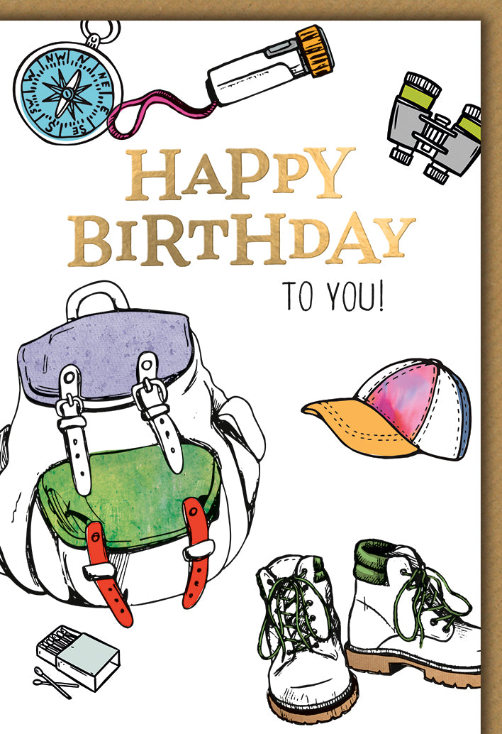 Geburtstagskarte Wandern: Outdoor-Ausrüstung mit Kompass und Rucksack, handgezeichnet