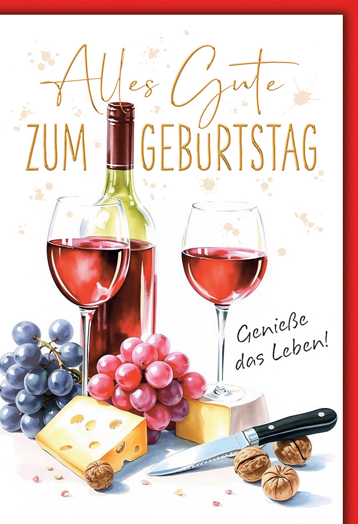 Geburtstagskarte Wein: Rotwein-Stillleben mit Käse und Trauben, elegante Aquarell-Optik
