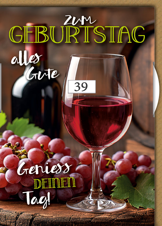 Geburtstagskarte Wein Zahlengeburtstag Drehrad: Rotweinglas mit Trauben und Flasche, elegante Typografie