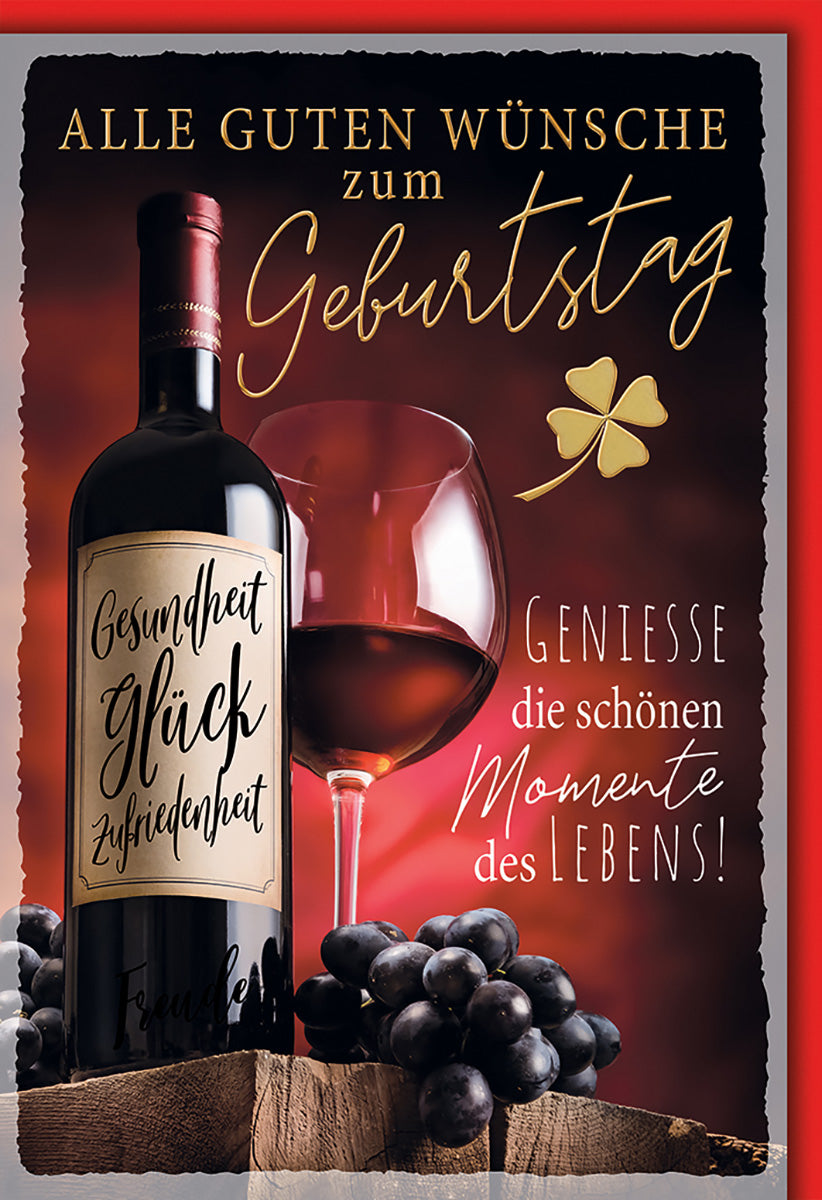 Geburtstagskarte Weinmotiv: Elegante Rotweinflasche, Trauben & Kleeblatt für Genießer – Edles Design