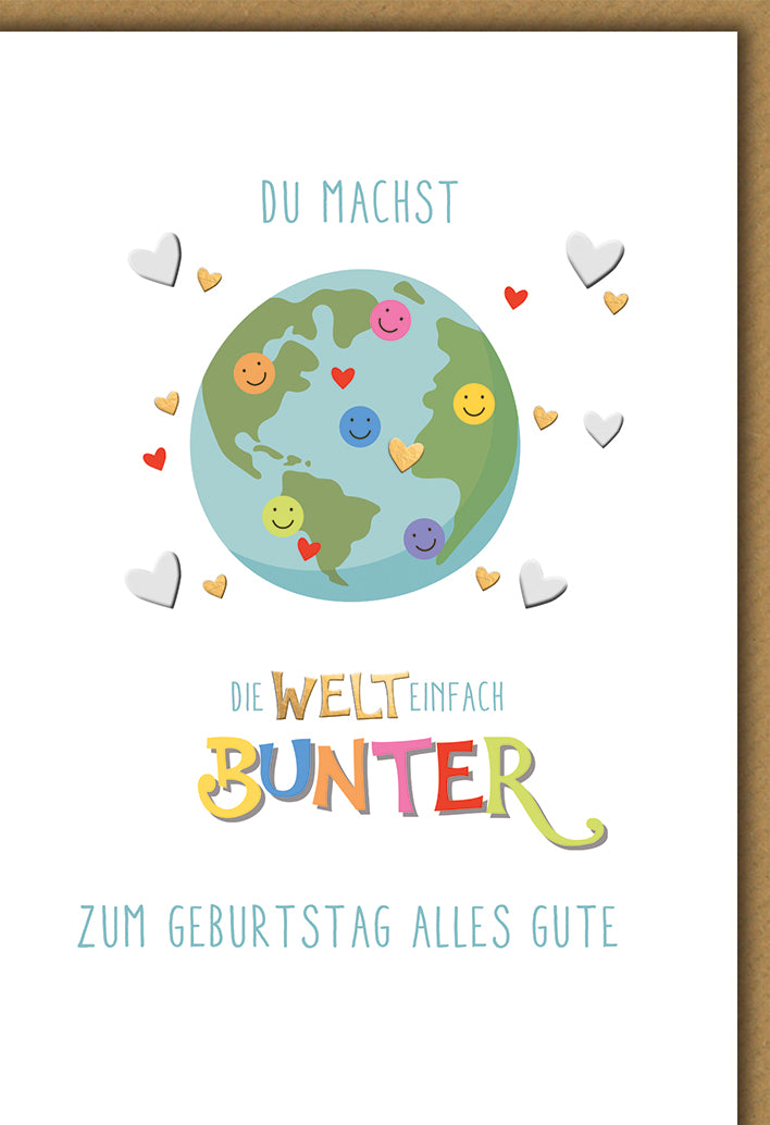 Geburtstagskarte Weltkugel: Bunte Smileys und Herzen mit emotionalem Spruch