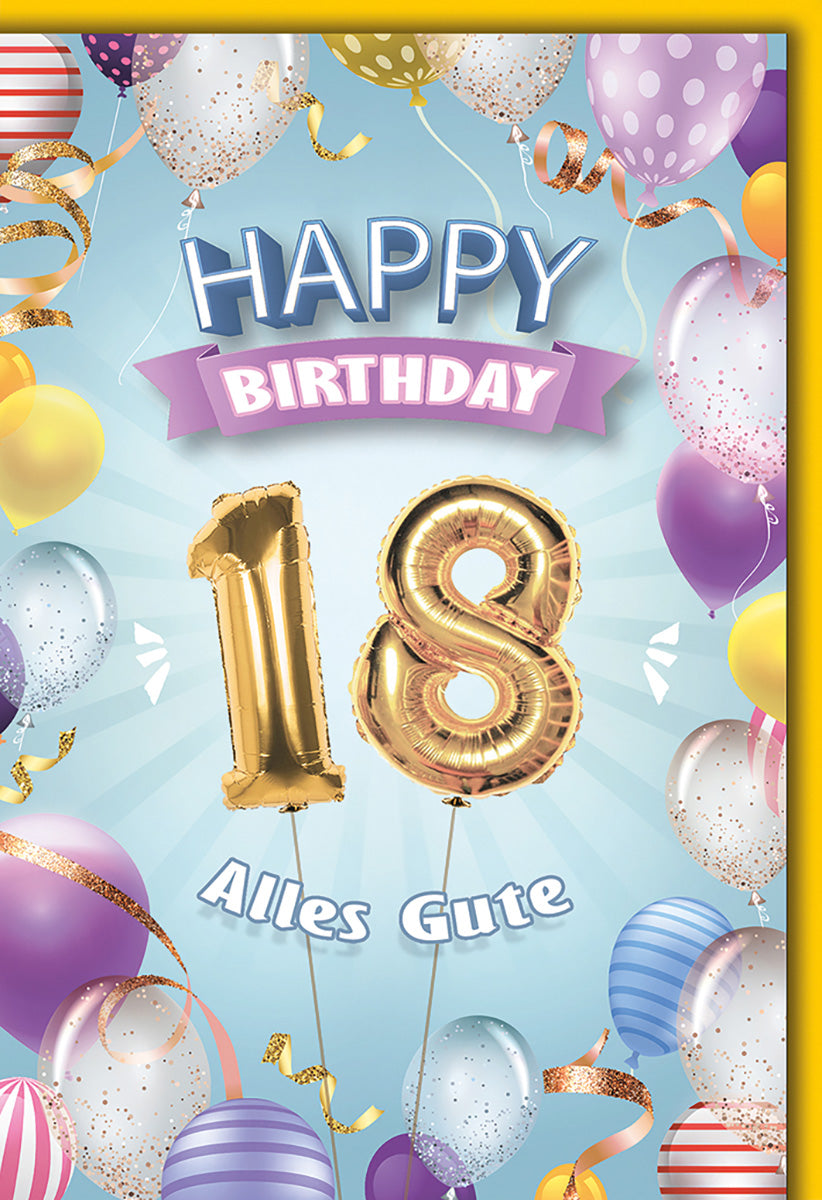 Geburtstagskarte zum 18. Geburtstag – Bunte Ballons & Goldene Zahlen, Fröhliches Design für Jugendliche