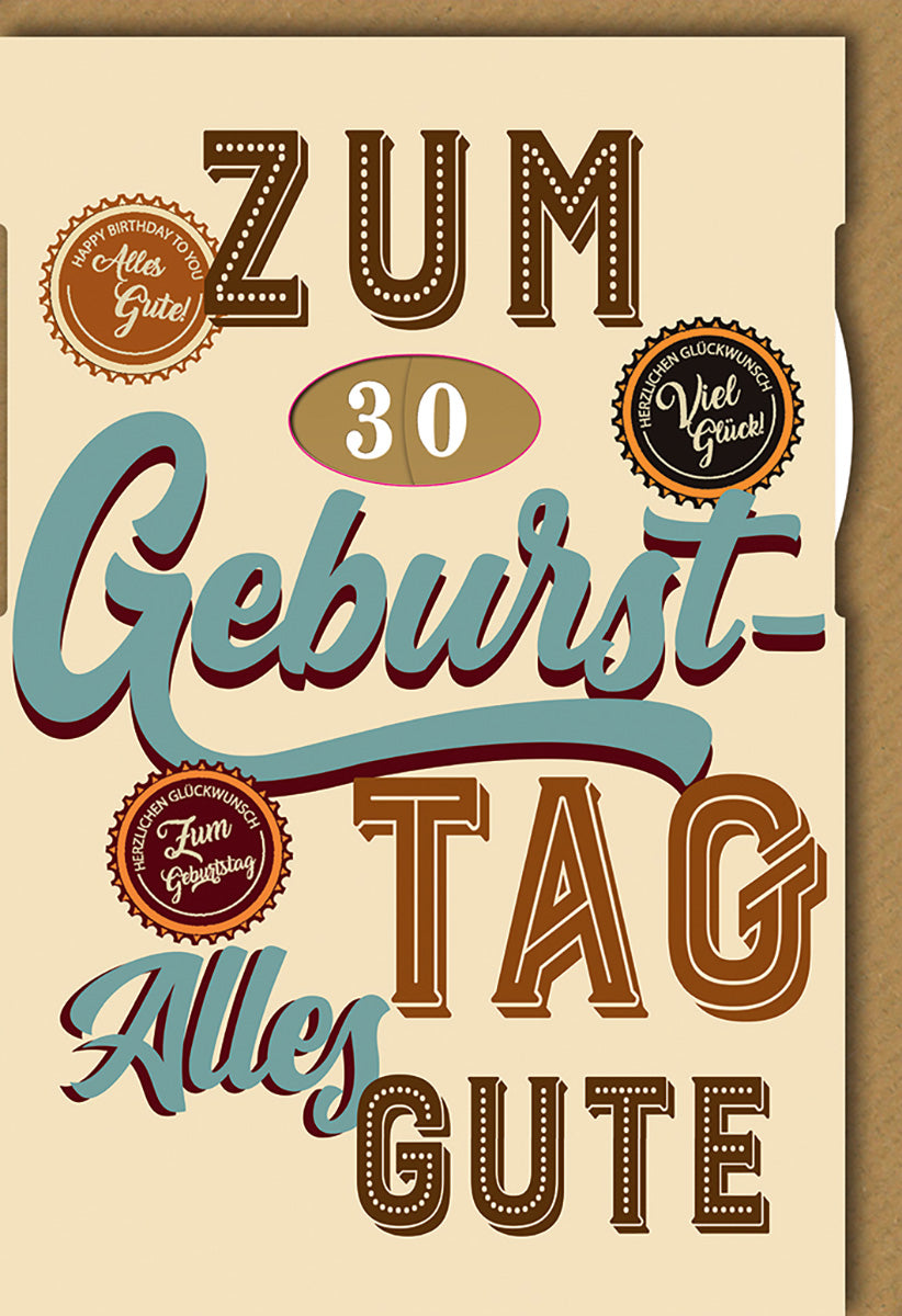Geburtstagskarte zum 30.: Retro-Design mit bunten Schriftzügen und Glückwünschen für Männer