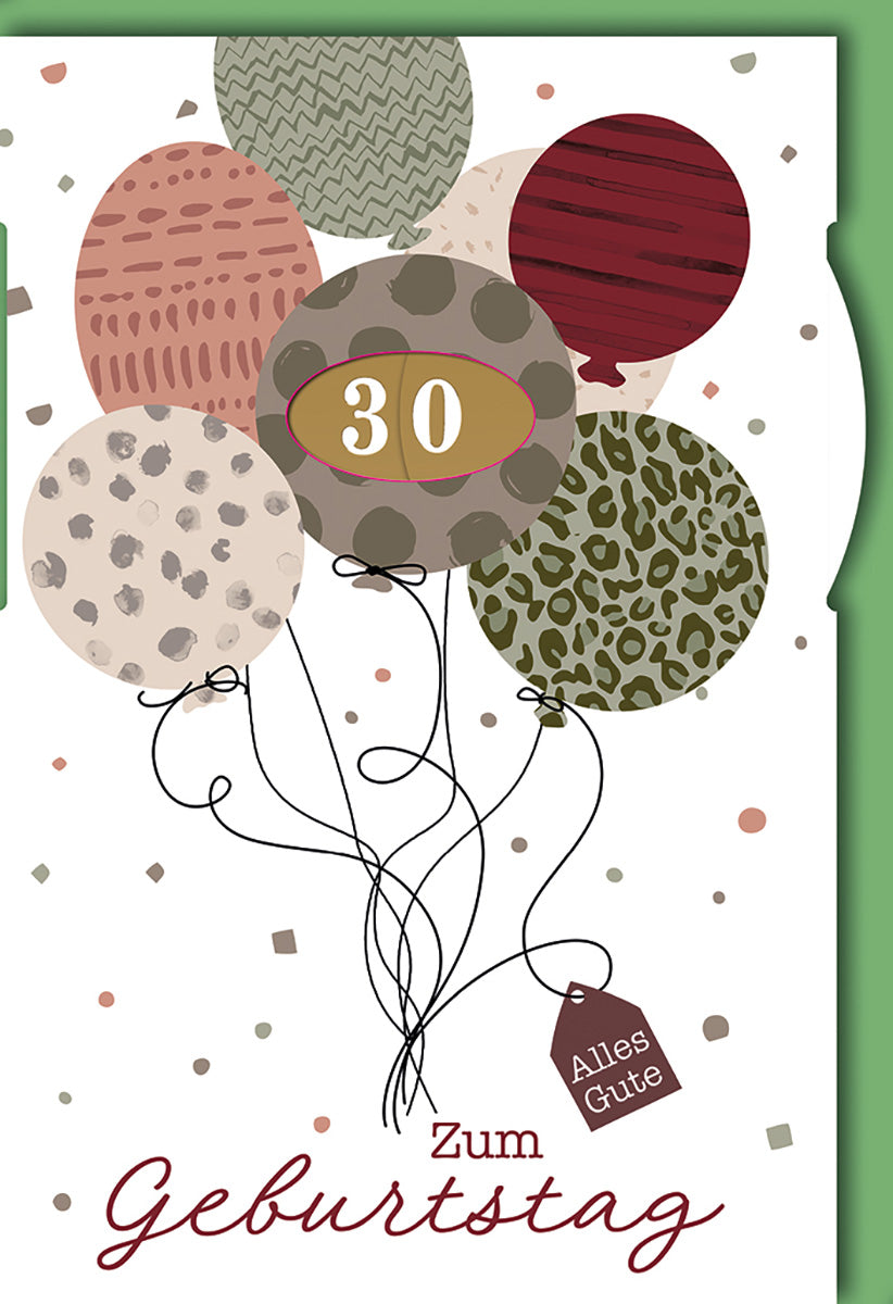 Geburtstagskarte zum 30.: Stilvolle Ballons in Erdtönen mit "Alles Gute"-Anhänger für stilvolle Feiern