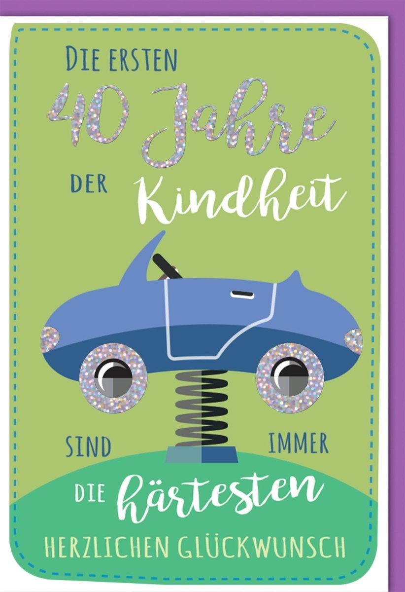 Geburtstagskarte 40. – Humorvolles Retro Auto Design mit Relieflack, inklusive farblich passendem Kuvert. Perfekt für einen lustigen Meilenstein.