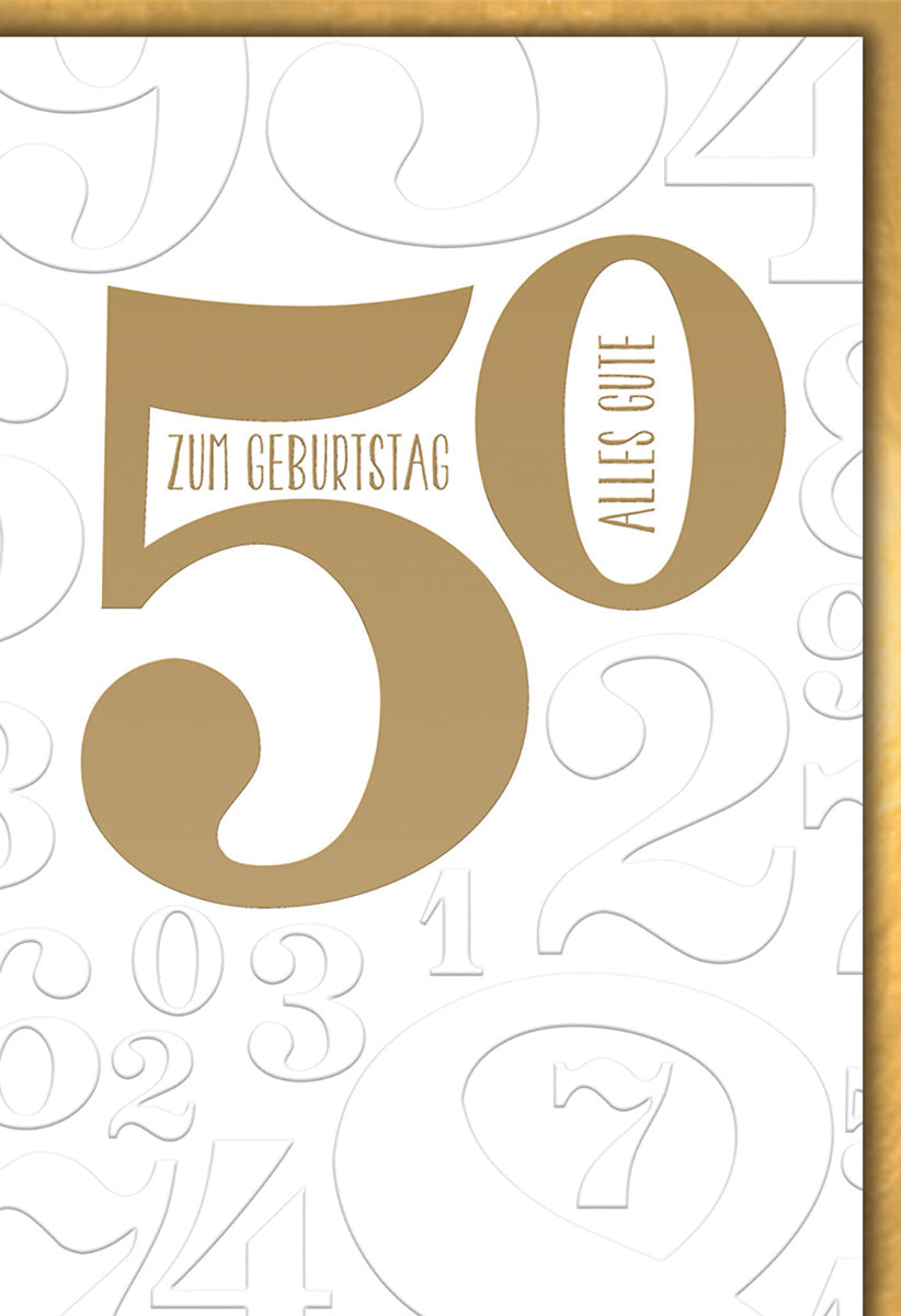 Geburtstagskarte zum 50.: Elegantes Design in Gold und Weiß mit stilvollen Zahlenmotiven