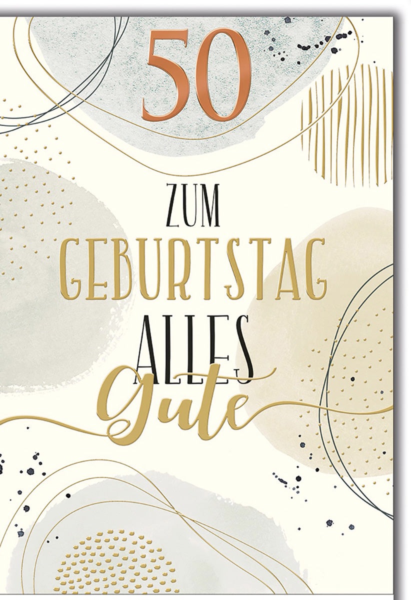 Geburtstagskarte zum 50.: Elegantes Design mit Goldakzenten und modernen Grafikelementen