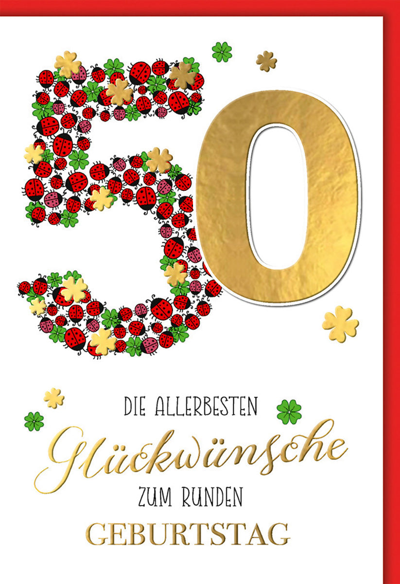Geburtstagskarte zum 50.: Goldene Zahl mit Marienkäfer-Motiv und Kleeblättern für Glückwünsche