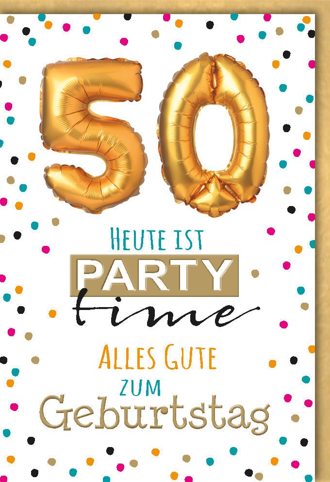 50. Geburtstagskarte Gold, Schwarz & Weiß | Elegantes Ballon Design mit bunten Akzenten & Kuvert – Festliche Feier