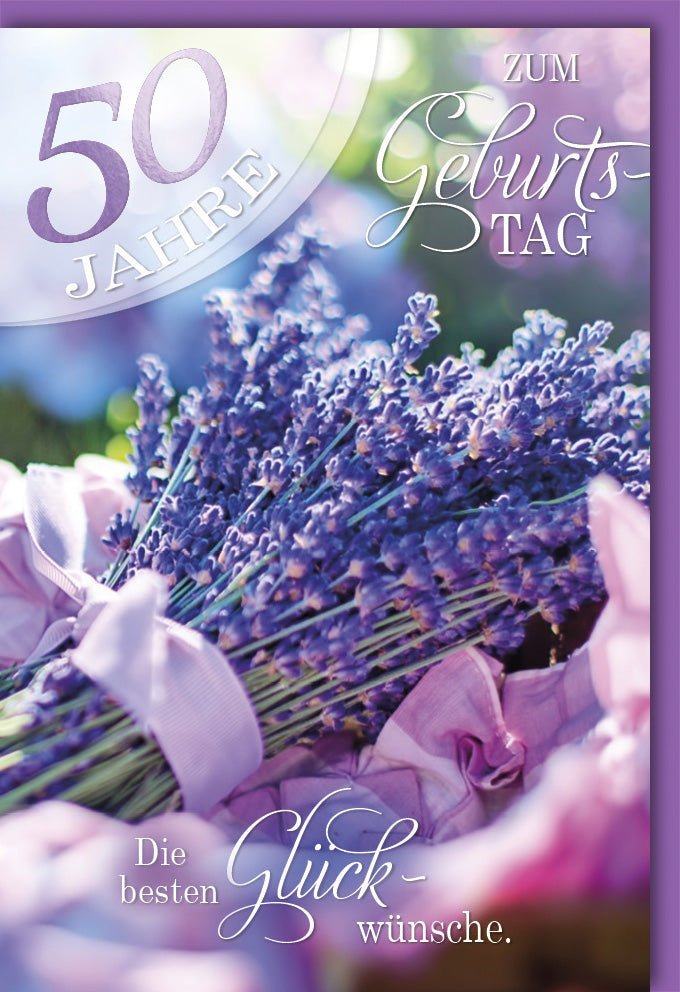 50. Geburtstagskarte – Eleganter Lavendelstrauß in Lila für stilvolle Glückwünsche zum Jubiläum mit Kuvert