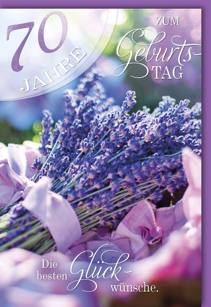 70. Geburtstagskarte – Elegante Lavendelkarte mit farblich passendem Kuvert. Herzliche Glückwünsche für ein erfülltes Leben