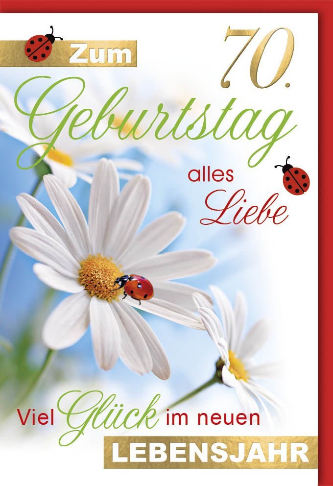 70. Geburtstagskarte "Alles Liebe": Goldfolie, Naturmotiv in Grün & Rot. Elegante Glückwünsche für Senioren.