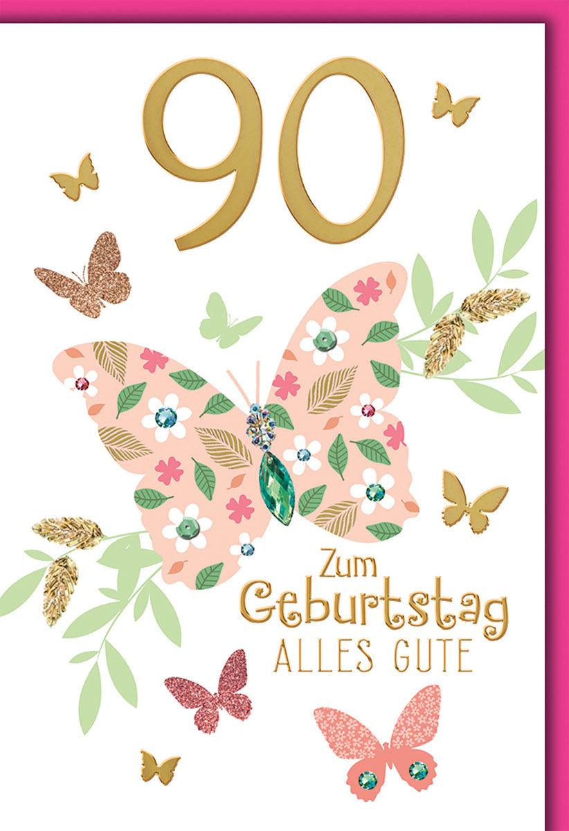 Geburtstagskarte zum 90.: Eleganter Schmetterlings-Motiv in Rosa und Gold mit floralen Akzenten