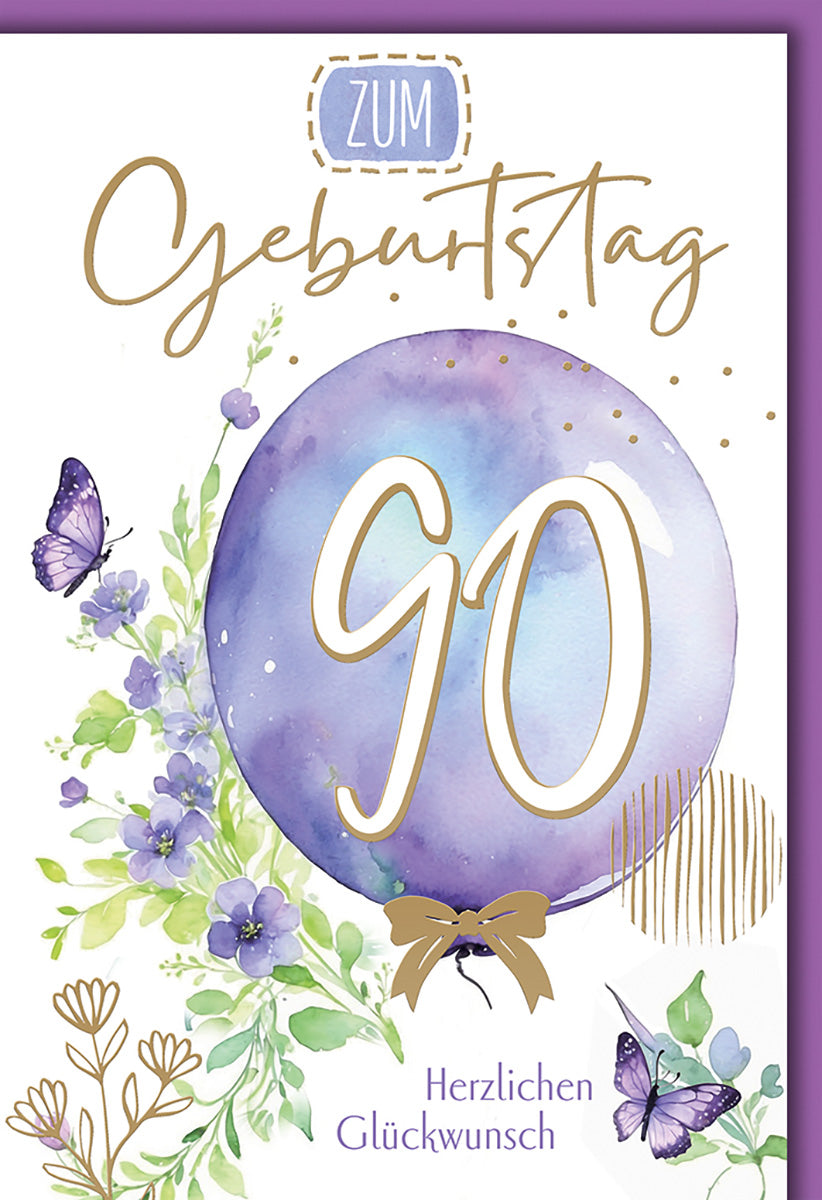 Geburtstagskarte zum 90. Geburtstag – Aquarell-Stil mit lila Blumen und Schmetterlingen für Damen