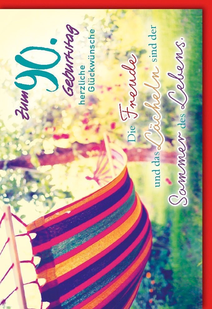 90. Geburtstagskarte – Sommergarten Design mit Hängematte für pure Lebensfreude & Lächeln, inkl. farblich passendem Kuvert