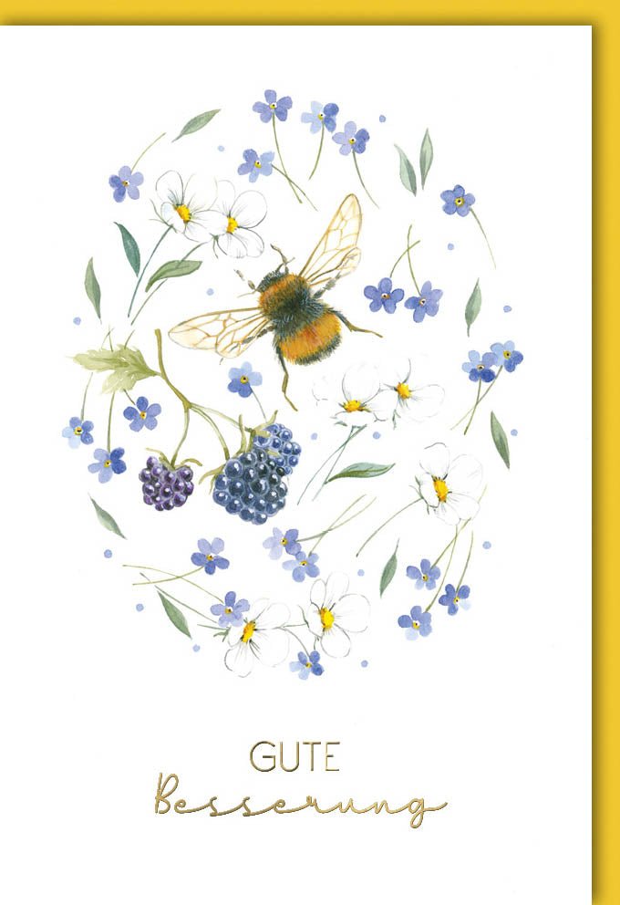Genesungskarte Floral "Gute Besserung" – Warme Worte, Naturkarton & Folienprägung in Gelb, inkl. farblich passendem Kuvert