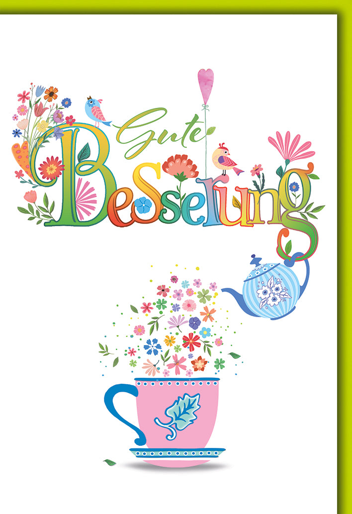 Genesungskarte Elegant: Bunte Blumen-Teetasse mit Kanne, kunstvolle Typografie