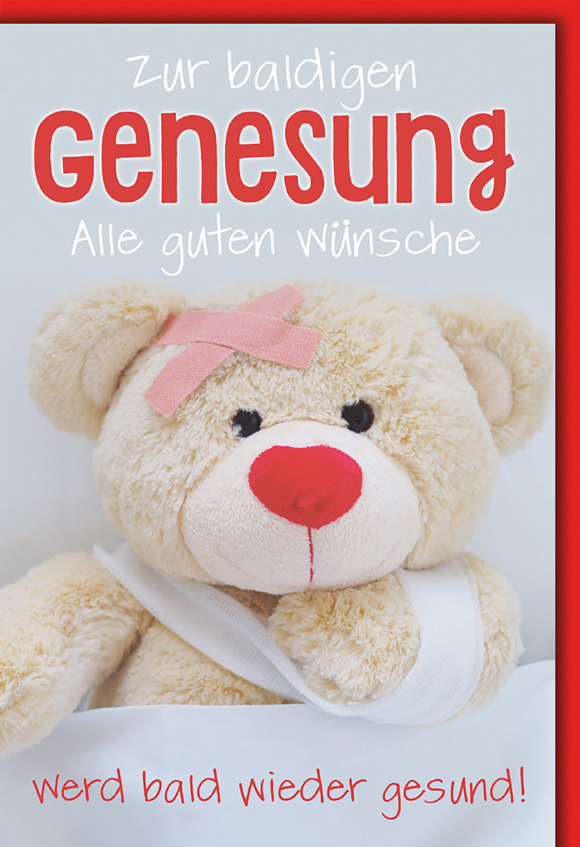 Genesungskarte für Kinder – Kuschelbär mit Verband, liebevolle Wünsche in Rot und Weiß