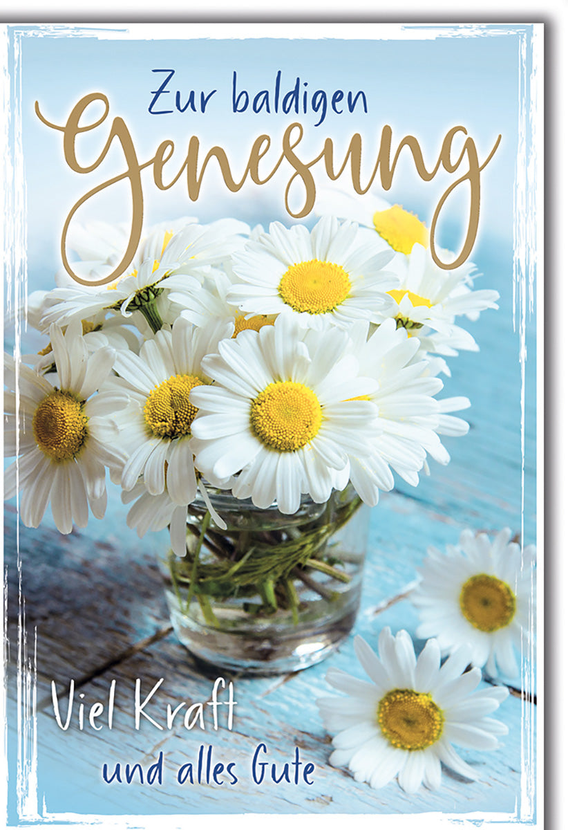 Genesungskarte mit Margeritenmotiv – Frische Blumen auf blauem Hintergrund für gute Besserung