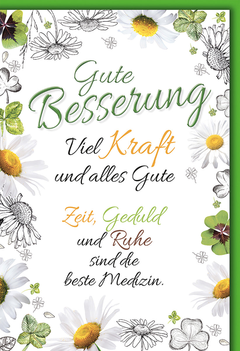 Genesungskarte mit Blumenmotiv – Frische Gänseblümchen, grüner Rand, inspirierende Botschaft