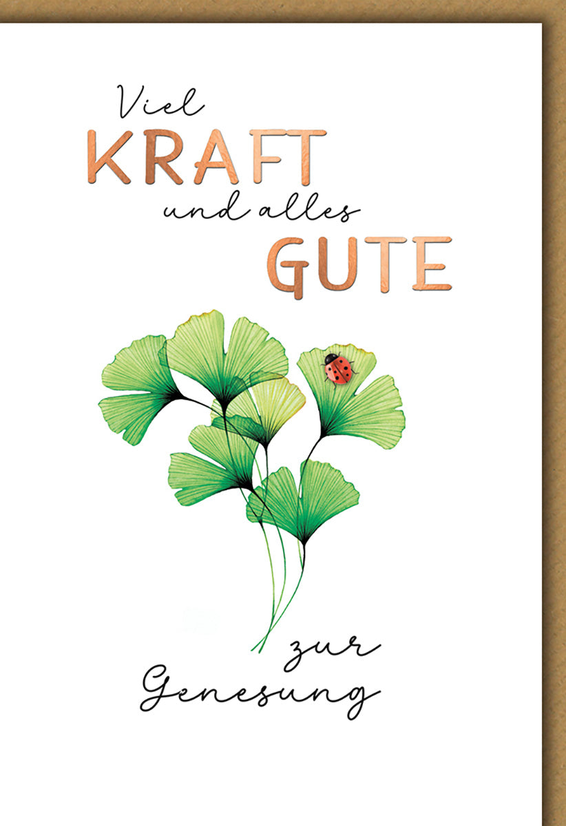 Genesungskarte mit Ginkgo-Motiv und Marienkäfer, handgezeichnet, in sanften Grüntönen für schnelle Erholung