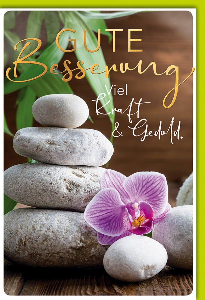 Genesungskarte Zen-Steine & Orchidee – Naturmotiv mit Goldschrift für Entspannung und Heilung
