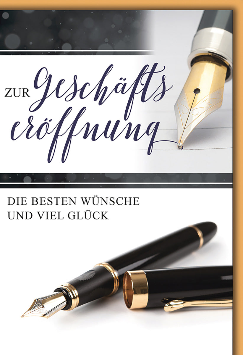Geschäftseröffnungskarte – Elegantes Design mit edlen Füllfederhaltern und stilvollem Schriftzug
