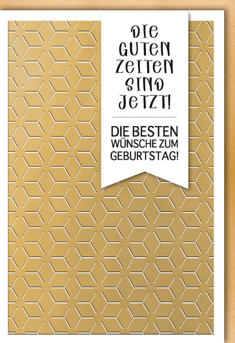 Geschäftliche Geburtstagskarte: Stilvolle Glückwünsche mit Blindprägung, Folienprägung & Applikation – Elegantes Goldmuster