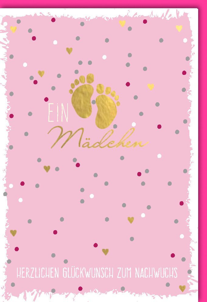 Geburtskarte Mädchen: Babykarte mit Fußabdrücken, Rosa & Gold Herzen. Mit Folienprägung und Kuvert. Herzliche Glückwünsche zum Nachwuchs