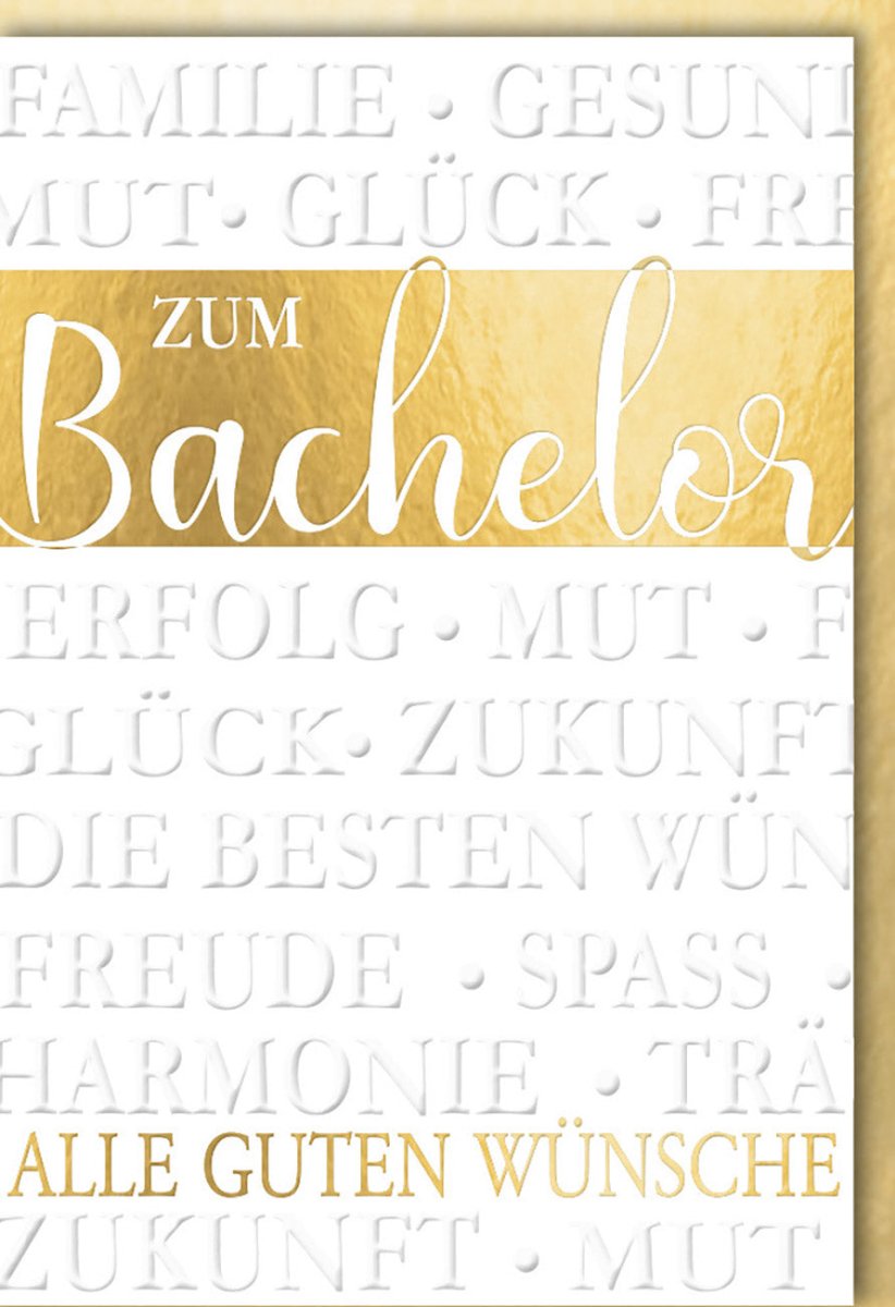 Bachelor Glückwunschkarte mit passendem Kuvert – Blind- & Folienprägung auf Naturkarton. Galerie Dominique zum erfolgreichen Studienabschluss!