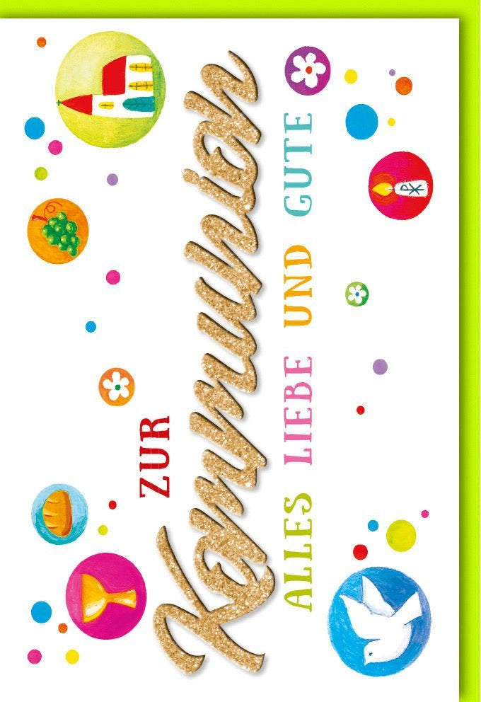 Erstkommunionkarte – Elegantes Design mit Taubenmotiv & Applikation, christliche Feier, Goldakzente, inkl. Kuvert