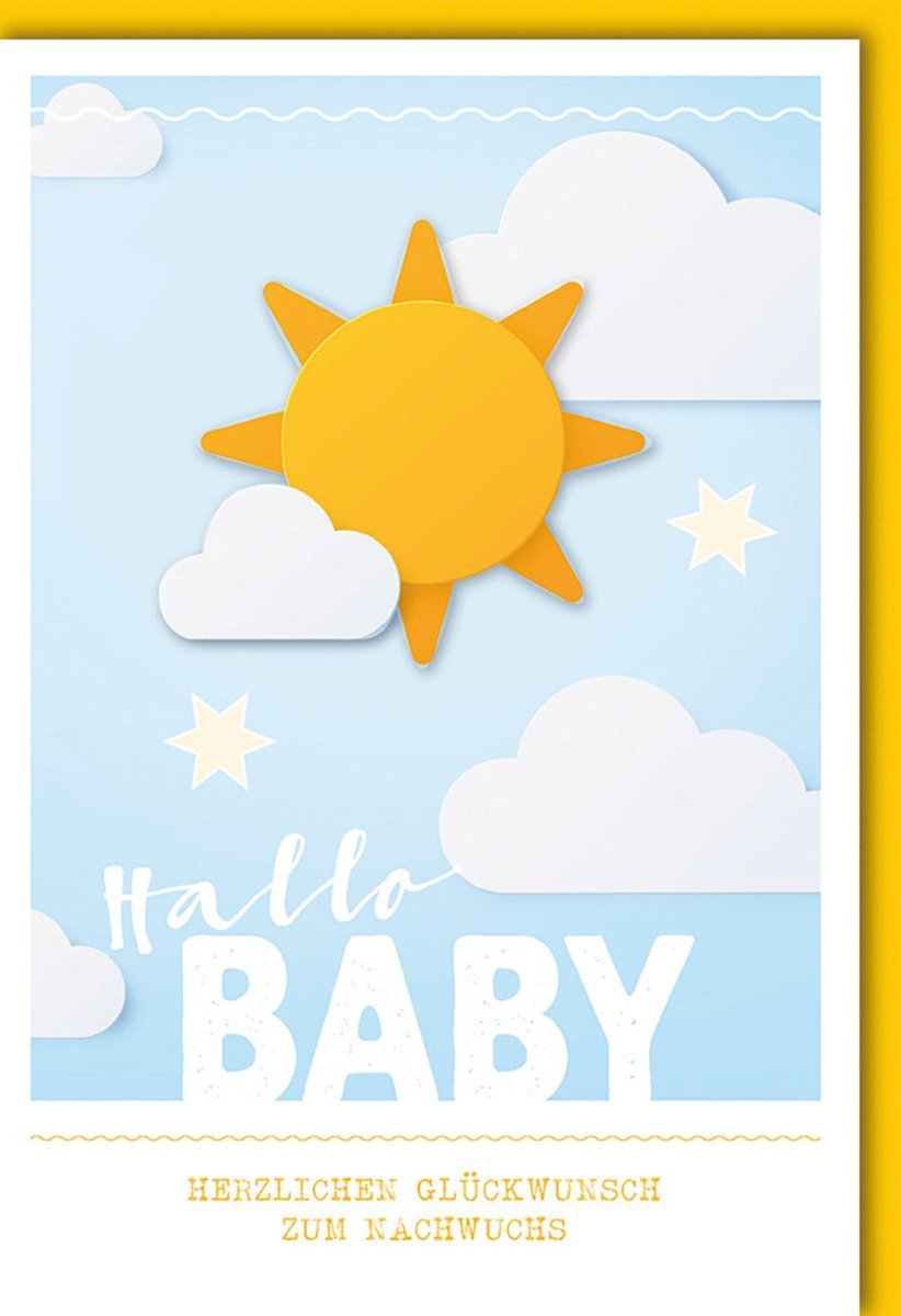 Geburtskarte Junge Hellblau & Gelb: Sonne, Wolken Motiv – Babyshower Willkommensgruß & Glückwünsche zum Nachwuchs, mit Kuvert