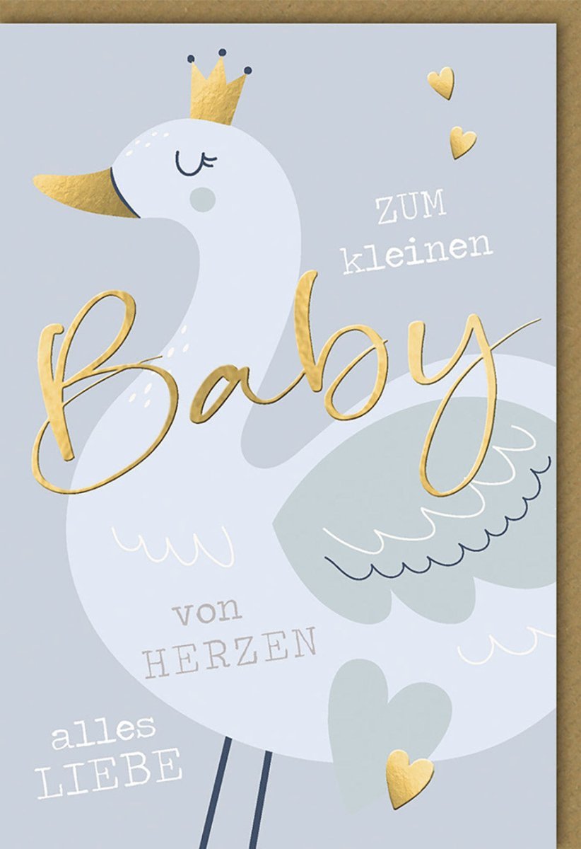 Geburtskarte Junge: Storch & Krone Design mit Blind- & Folienprägung – Herzliche Glückwünsche zum Baby mit Kuvert