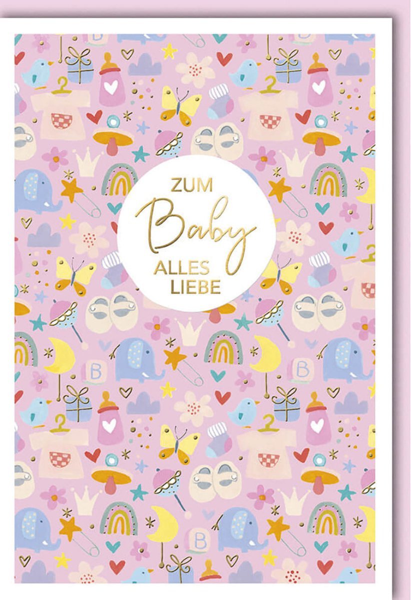 Geburtskarte Mädchen Rosa – Herzchen & Sterne mit Folienprägung – "Zum Baby alles Liebe" Grußkarte mit Kuvert