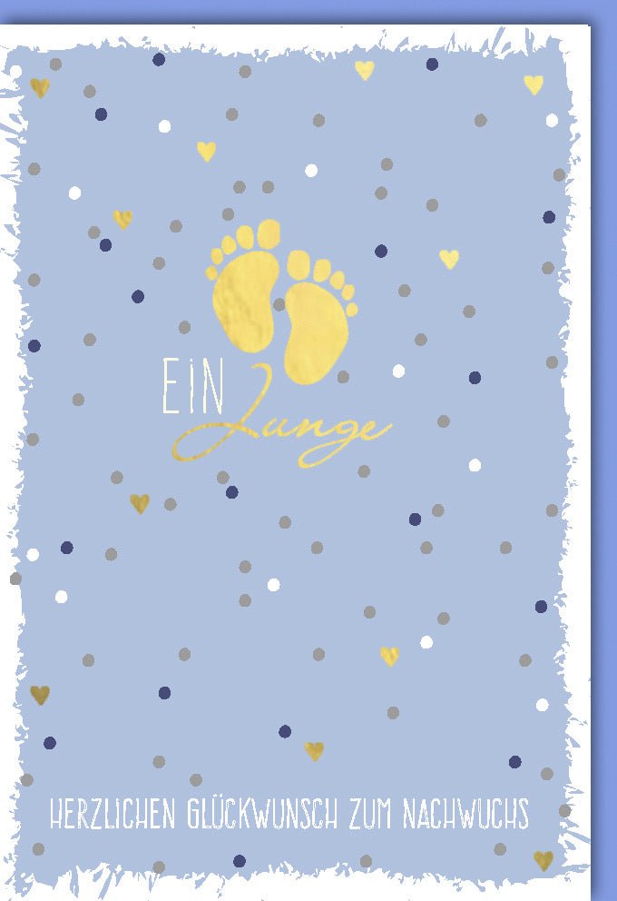 Geburtskarte Junge – Babyfußabdruck & Gold Konfetti Design mit Folienprägung. Herzlichen Glückwunsch zum Nachwuchs, inklusive Kuvert.
