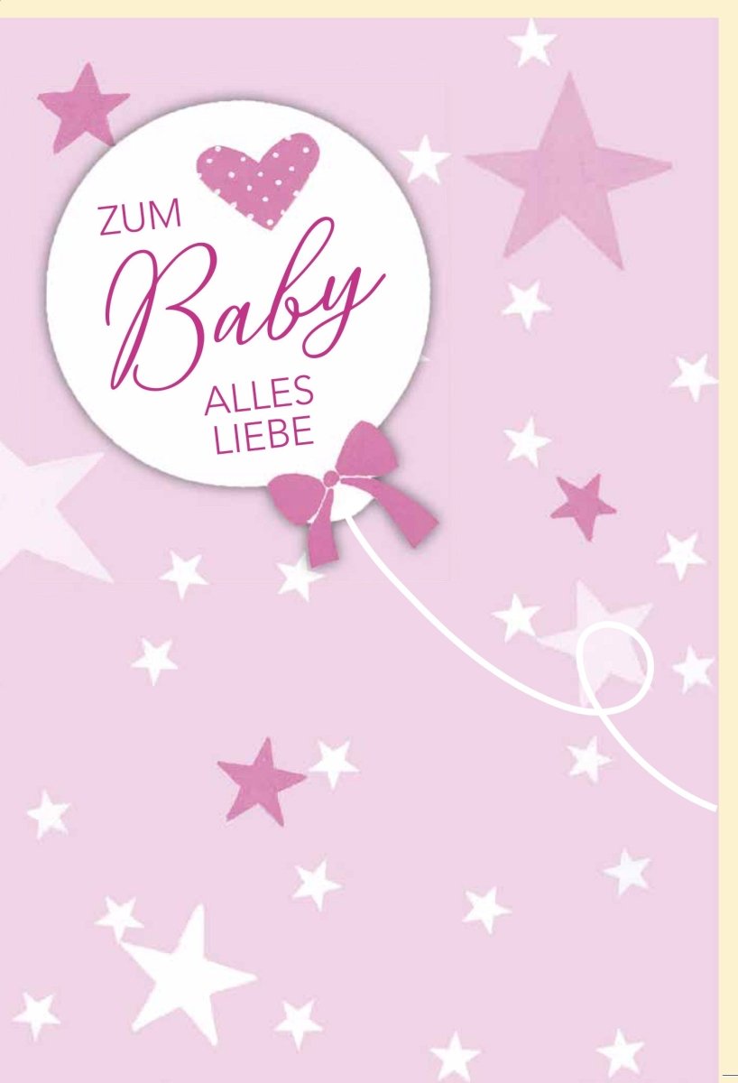 Geburtskarte Mädchen: Rosa Sterne, Ballon & Herz Design – Mit Kuvert & Geldkuvert. Zarte Folienprägung für Baby-Glückwünsche!