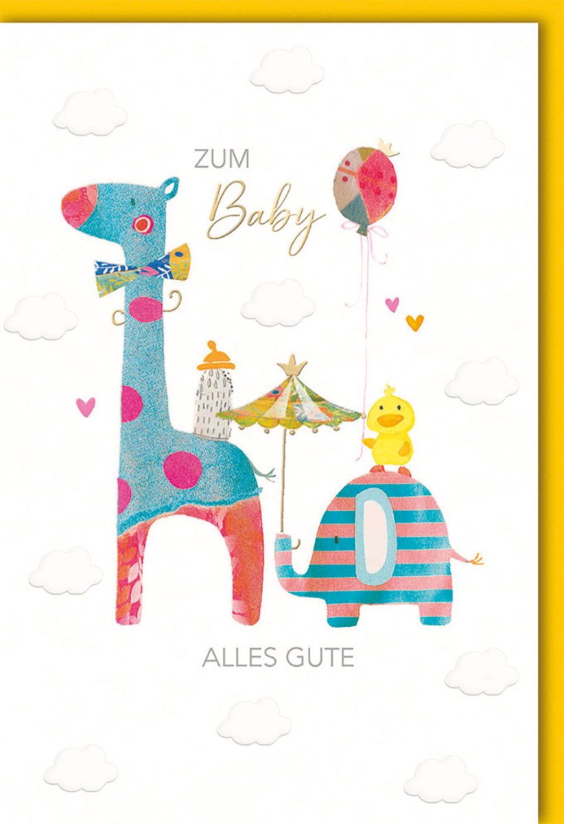Geburtskarte "Zum Baby alles Gute" – Liebevolle Tiermotive, Blindprägung & Folienprägung auf Naturkarton mit Kuvert