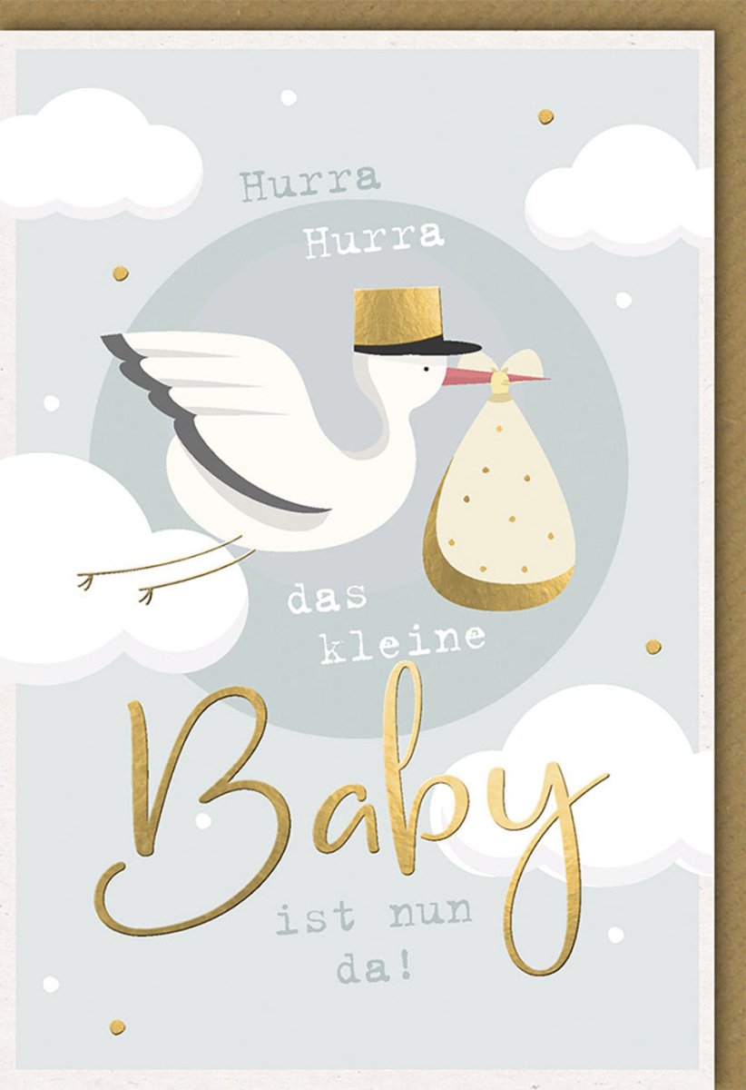 Geburtskarte "Hurra, das Baby ist da" – Liebevolle Babykarte mit Folienprägung & Naturkarton für frischgebackene Eltern, inkl. Kuvert