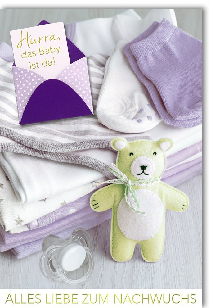 Geburtskarte "Willkommen Baby" mit Babysocken, Stofftier & Schnuller | Herzliche Glückwünsche zum Nachwuchs, Folienprägung