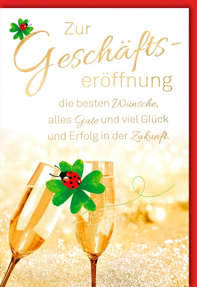 Glückwunschkarte Geschäftseröffnung – Elegantes Design mit Sektgläsern & Kleeblatt, Goldglitzer & Folienprägung, inkl. Kuvert
