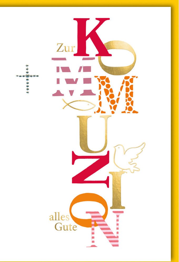 Kommunionkarte modern: Fisch & Taube Design, stilvoller Schriftzug "Alles Gute", religiöse Doppelkarte für Kinder mit Kuvert