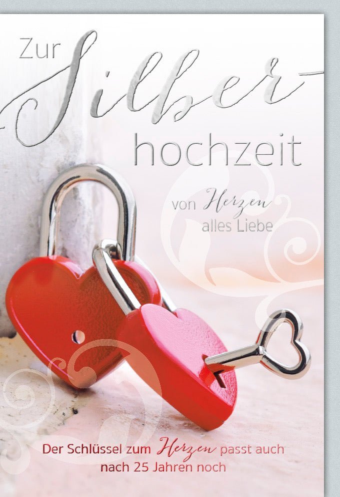 Silberhochzeit Glückwunschkarte: 25 Jahre Ehejubiläum mit Herzen & Schlüssel Design – Inkl. passendem Kuvert